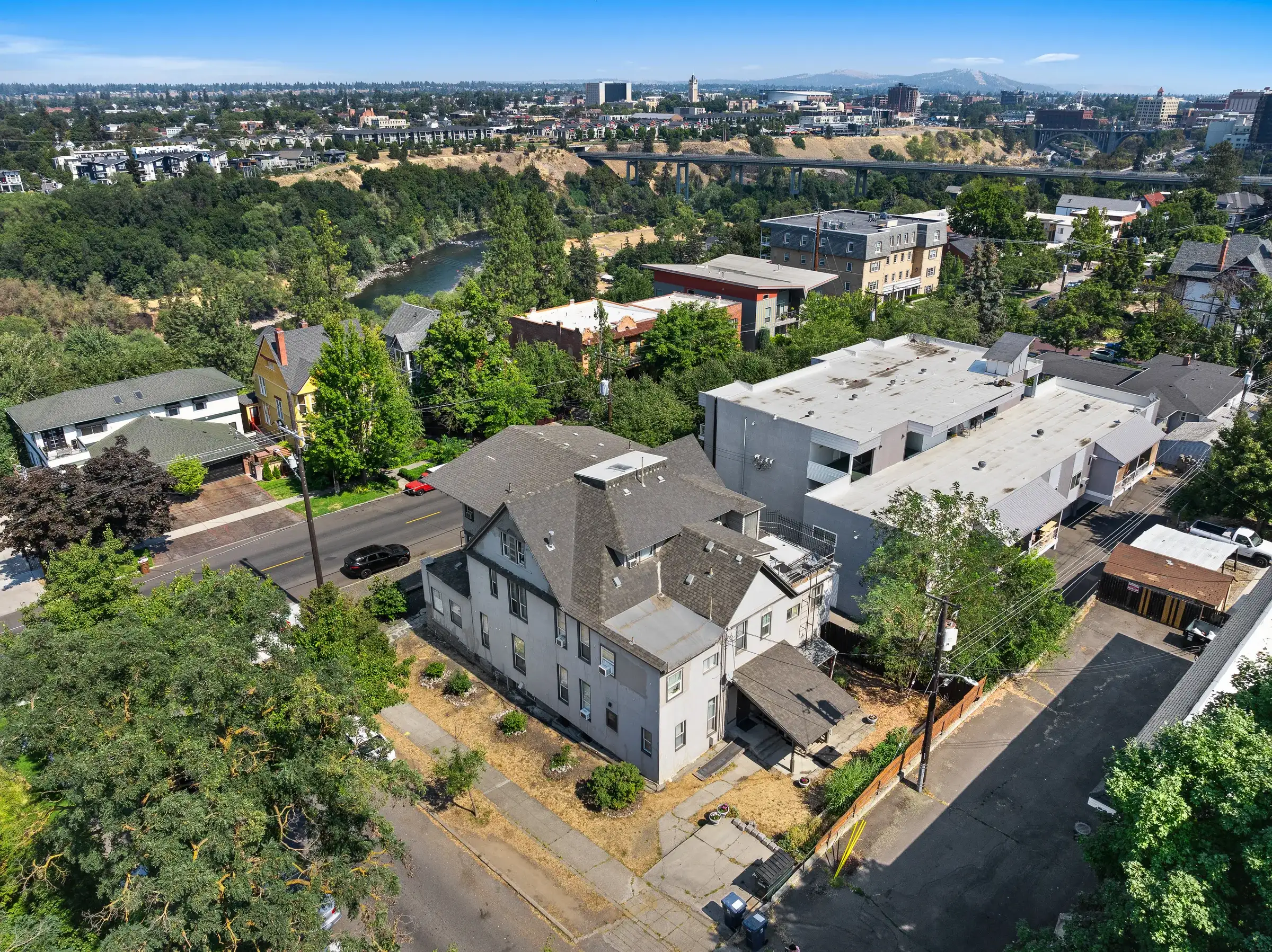 Aerial view of Riverside10 and its Spokane neighborhood
